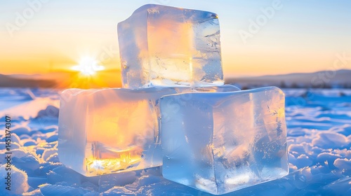 Tranquil Ice Cubes on Frozen Ground with Golden Sunset Hues Background