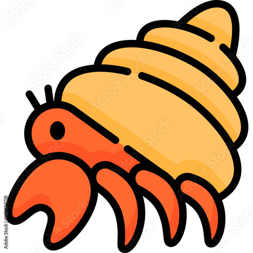 A cartoon hermit crab illustration. Use this image in educational materials about marine life or in children's games to teach about crustaceans and ocean habitats.