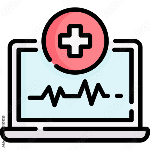 A medical icon showcasing a laptop screen displaying a heart rate monitor.  It features a red circle with a white cross suggesting healthcare and technology integration.