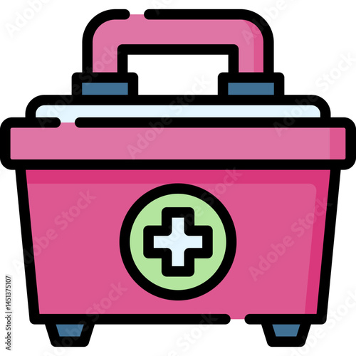 A pink medical kit icon featuring a white cross emblem suggesting emergency aid and first-aid. Useful for healthcare safety or medical-related applications.