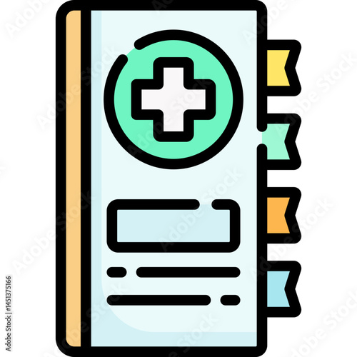 A medical record book icon with a cross symbol. Useful for medical documents healthcare or hospital applications. Can also be used for health related websites.