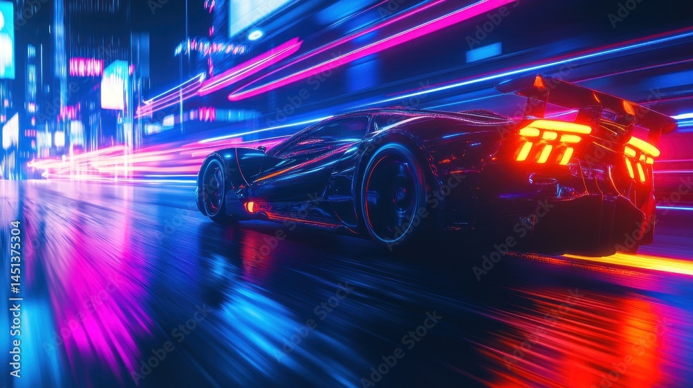 Futuristic car speeds through neon-lit city street Futuristic car speeds through neon-lit city street