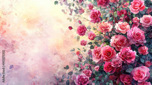 Wallpaper Mural Realistic 4K 3D background displays vibrant watercolor roses on the right side, showcasing delicate floral textures and soft hues,creating a romantic backdrop. Torontodigital.ca