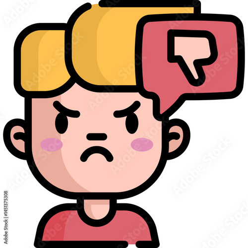 An angry cartoon character with a thumbs-down symbol in a speech bubble. Use for negative feedback or expressing disapproval in presentations.