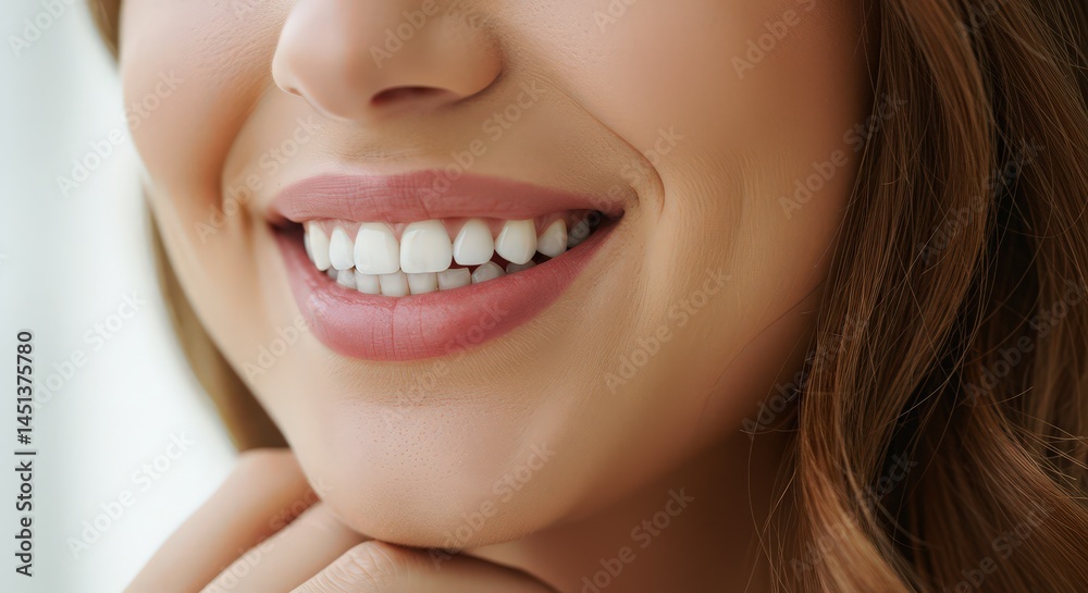Fototapeta premium Smiling Woman Showing Healthy White Teeth in Dental Care Concept