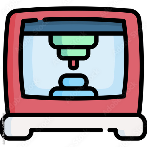 This image is a cartoon illustration of a 3D printer. It's suitable for educational materials and tech-related infographics. Perfect for explaining additive manufacturing.