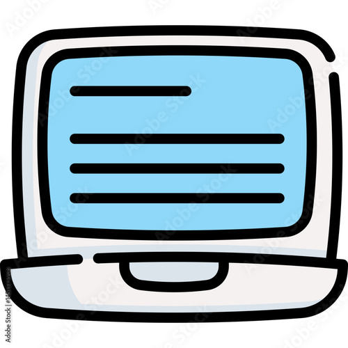 A cartoon laptop with a screen showing text. Useful for illustrating online communication or content creation. Great for educational materials or app design.