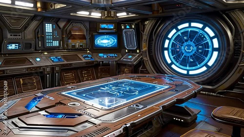 Futuristic spaceship interior with control panel