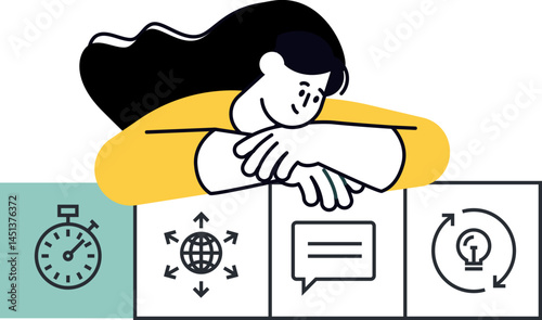 A person contemplates ideas above concept icons. This image suggests brainstorming problem-solving innovation or planning for a project. It's suitable for presentations or websites.