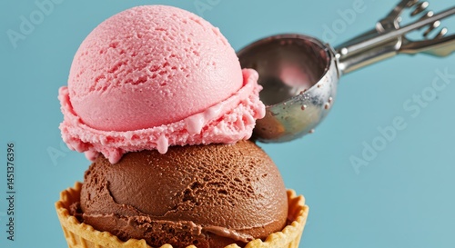 Ice Cream Cone with Two Scoops Flavors on Light Blue Background