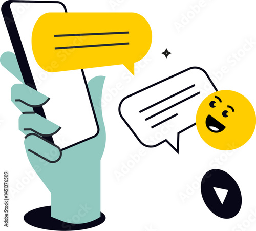 An illustration showing a hand holding a phone with chat bubbles and an emoji. Suggesting online communication or texting apps.