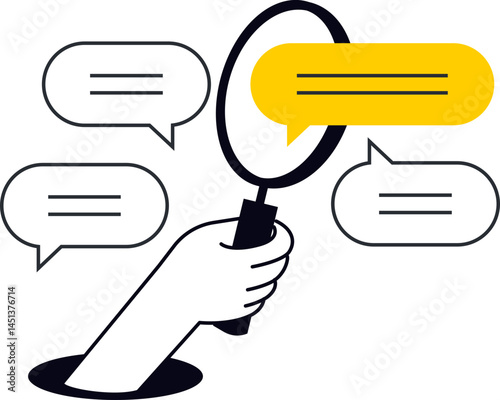 An illustration of a hand holding a magnifying glass over speech bubbles suggests the act of analyzing or reviewing discussions. Useful for content review or feedback tools.