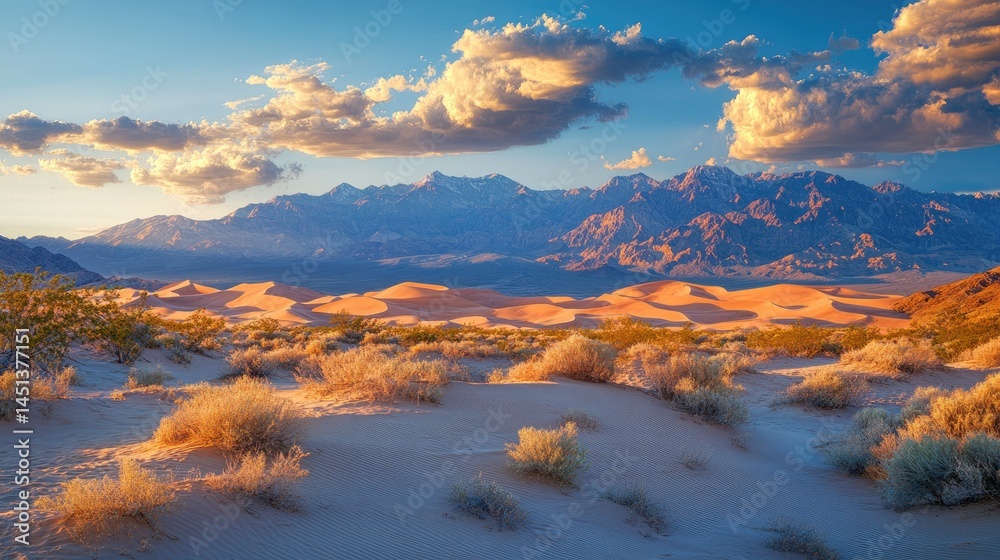Fototapeta premium Vast desert landscape of sand dunes and mountains at sunset.