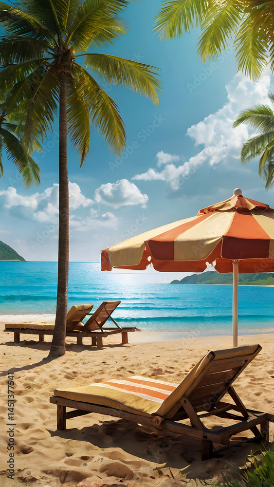Fototapeta premium beach chairs and umbrella on the beach
