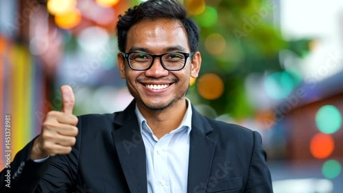 Happy businessman giving thumbs up