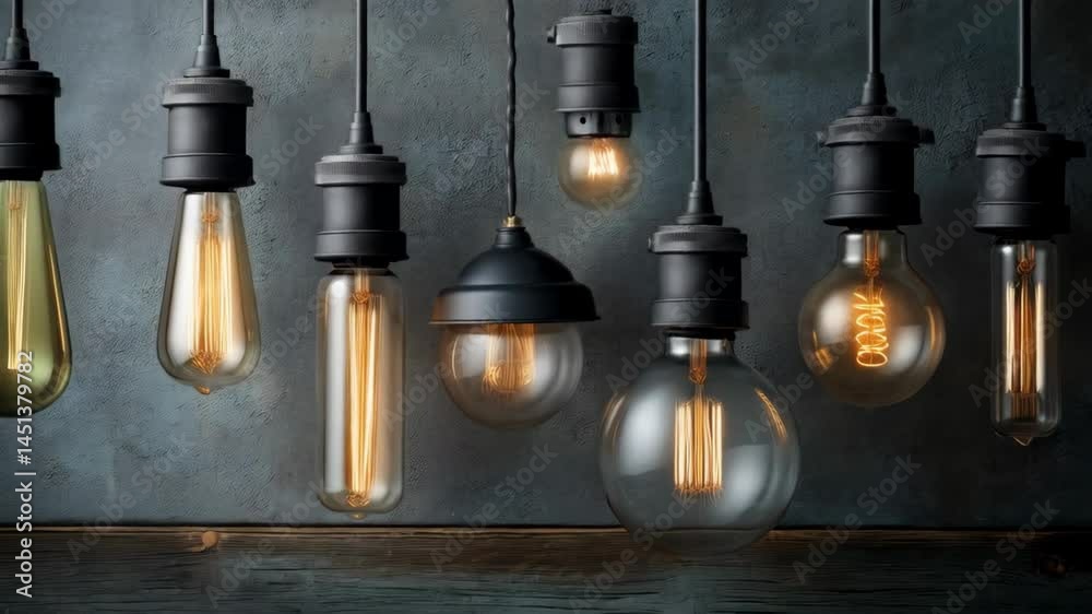 Collection of illuminated vintage style light bulbs hanging against a dark wall, evoking retro design and warm ambiance.