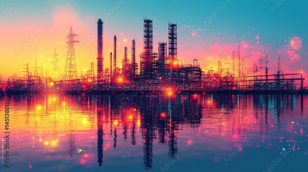 Fototapeta premium Vibrant sunset over a modern industrial landscape with reflections on water, showcasing energy production