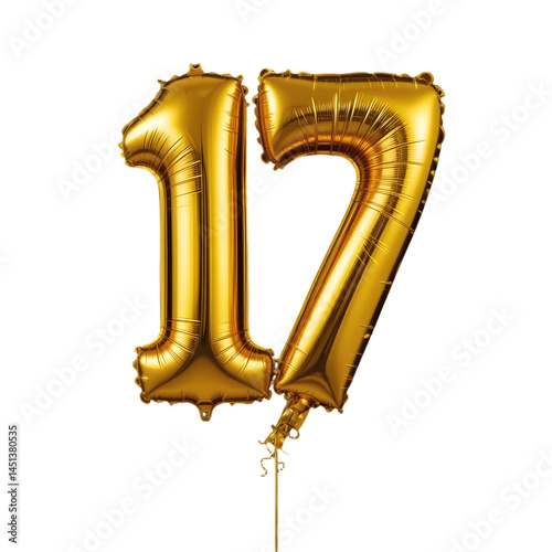 Number 17-shaped balloon, gold color, isolated on transparent background