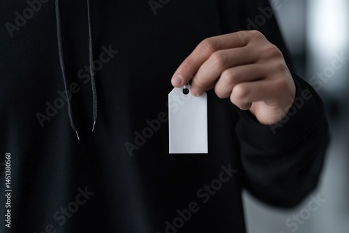 Close-up of a hand holding a blank white tag.