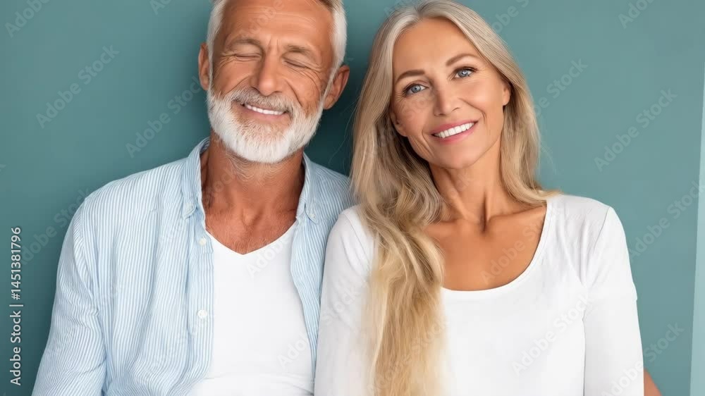 Close-up of Smiling Attractive Mature Couple Posing for a Photo Together Against a Teal Background, Cheerful and Relaxed