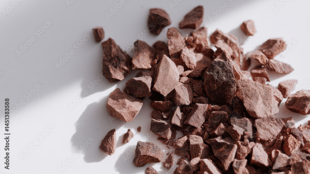 Fototapeta premium Scattered cocoa nibs on white surface with shadows