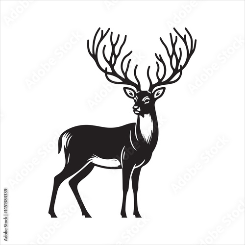 Black and White Deer Silhouette Standing Still – Flat Vector Illustration