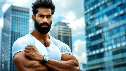 Muscular man in city backdrop