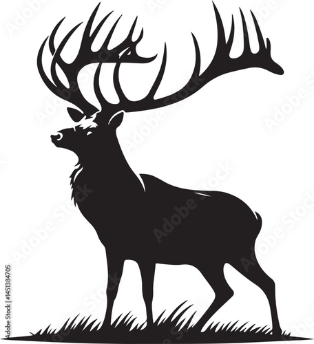 Black and White Deer Silhouette Standing Still – Flat Vector Illustration