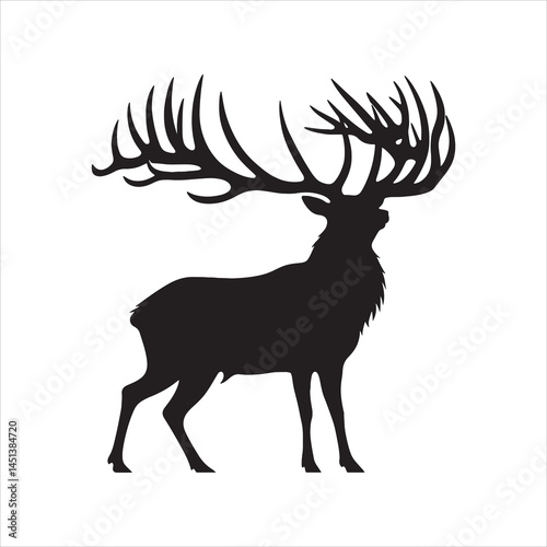 Black and White Deer Silhouette Standing Still – Flat Vector Illustration