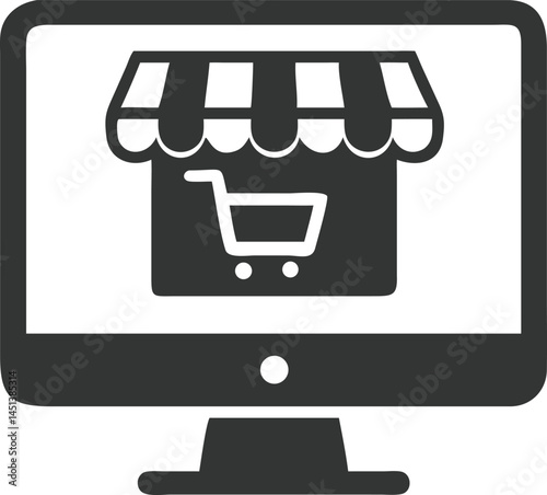 Computer Monitor Displaying a Storefront and Shopping Cart Icon