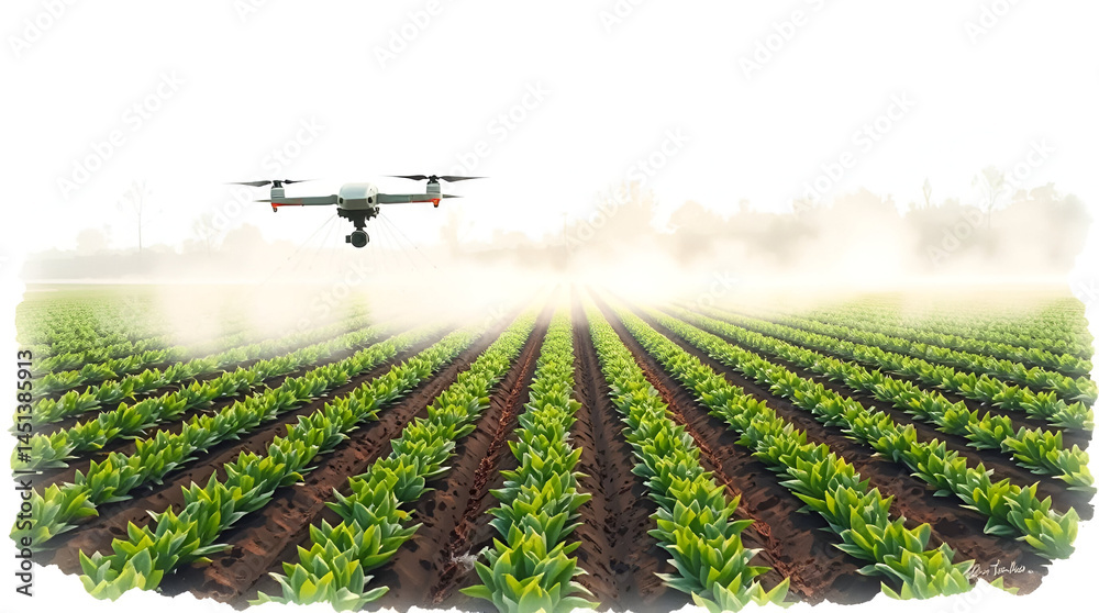 Obraz premium A high-tech agricultural drone spraying organic fertilizer. Mist is visible in sunrays, green crops contrast with dark soil, Generative Ai