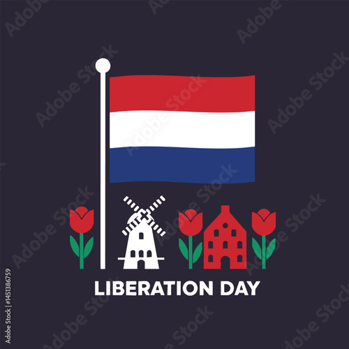 Dutch Liberation Day Flag Tulips Windmill and House