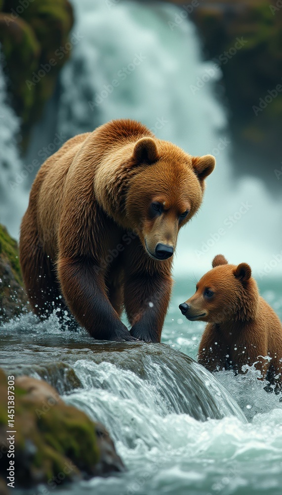 Obraz premium Brown bear and cub in river with waterfall in the background