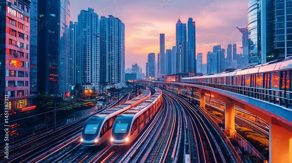 Fototapeta premium Urban Train at Sunset with Skyscrapers and City Lights in Background