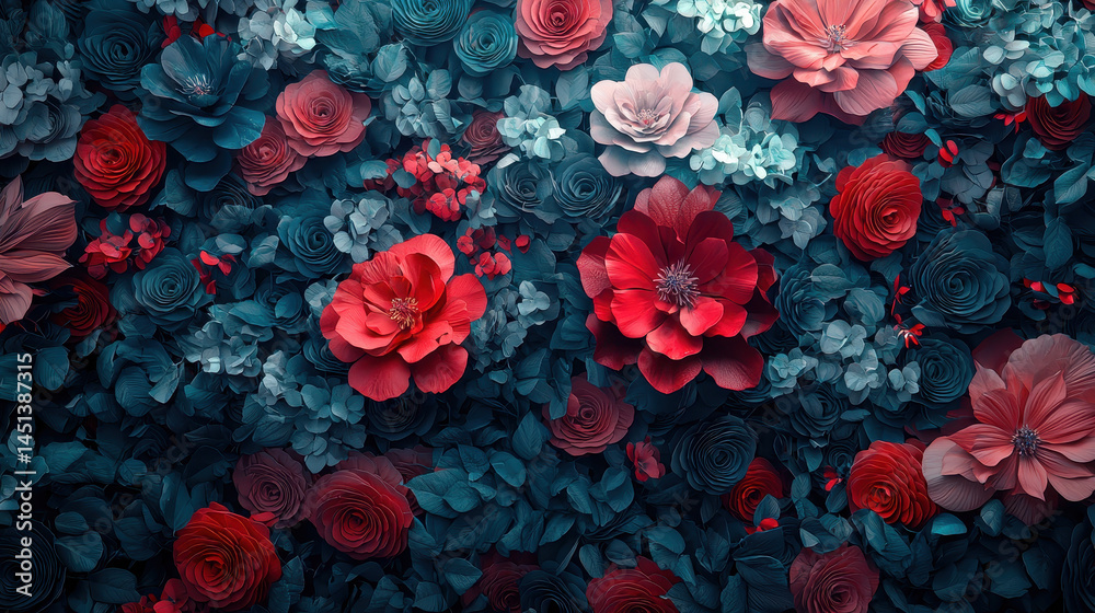 An artistic 3D floral arrangement showcases realistic layered petals in vivid red and blue tones, creating a stunning and detailed 4K background art piece.