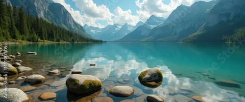 Serene turquoise lake reflecting majestic mountains and cloudy sky, with rocks visible in the clear, shallow water.