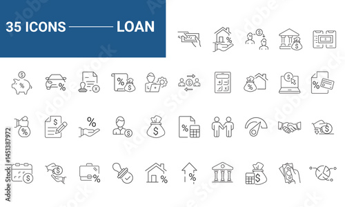 Loan set of web icons in line style. Loan and Credit linear icon collection. Containing loan, money, credit rating, business, leasing, interest, calculator, income, banking and more. Editable stroke