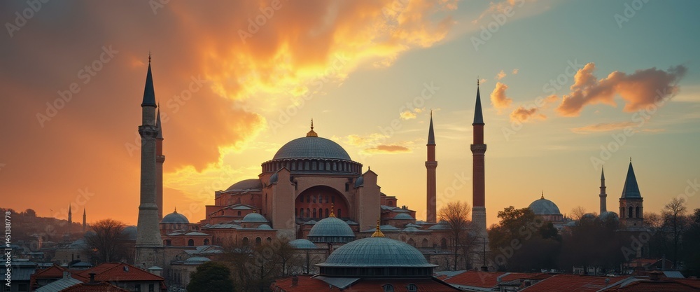 Fototapeta premium Grand Architectural Marvel at Sunset with Towering Spires and Ornate Domes, Bathed in Warm Golden Light