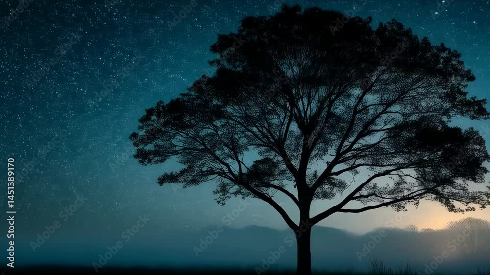 Silhouette of a sprawling deciduous tree under a vibrant starry sky, creating a serene and dreamy nightscape over misty rolling hills with horizon glow.