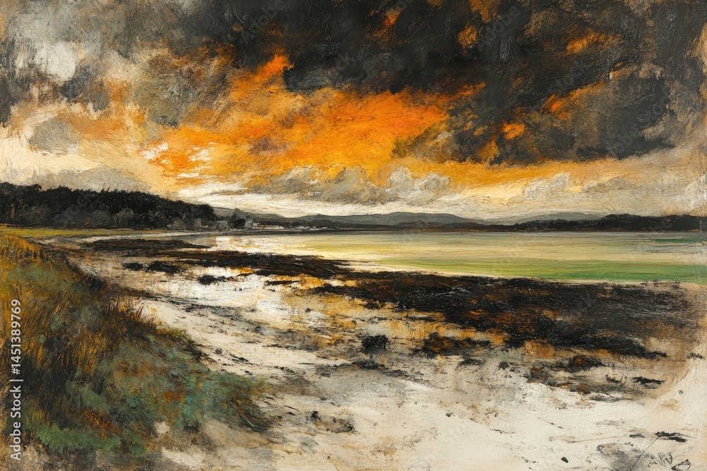 Fototapeta premium Dramatic sunset over calm coastal waters, reflecting fiery orange hues on the tranquil beach and dark clouds