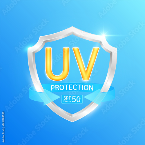 UV protection SPF 50 PA in shield 3d silver aluminum surrounded by blue arrow. Protects against UVA, UVB, sunlight and ultraviolet attacks. For design cosmetic products ads. Health care. Vector.