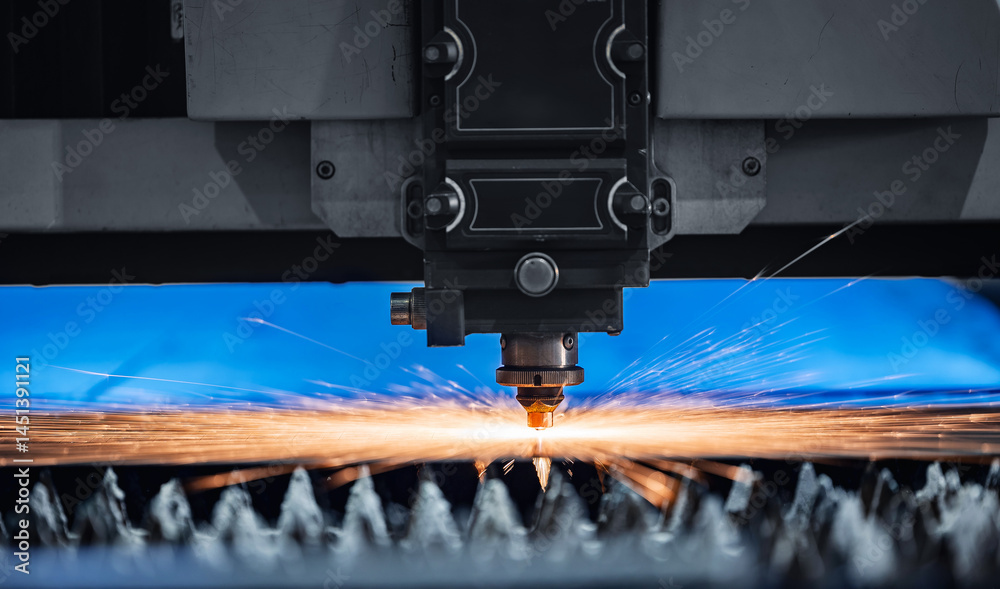 Industrial laser cutting machine in action with sparks flying in a factory
