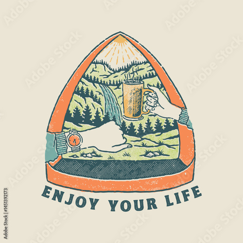 camping illustration coffee graphic tent design watch badge adventure vintage nature waterfall