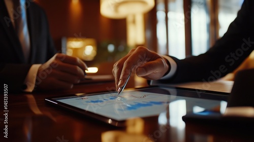 Businessmen Analyzing Financial Data on Tablet in Luxurious Hotel