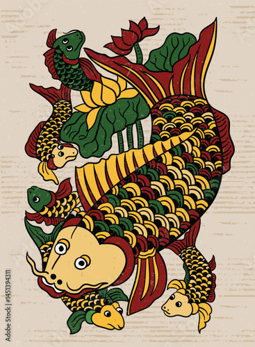 Dong Ho folk painting of carp looking at the moon