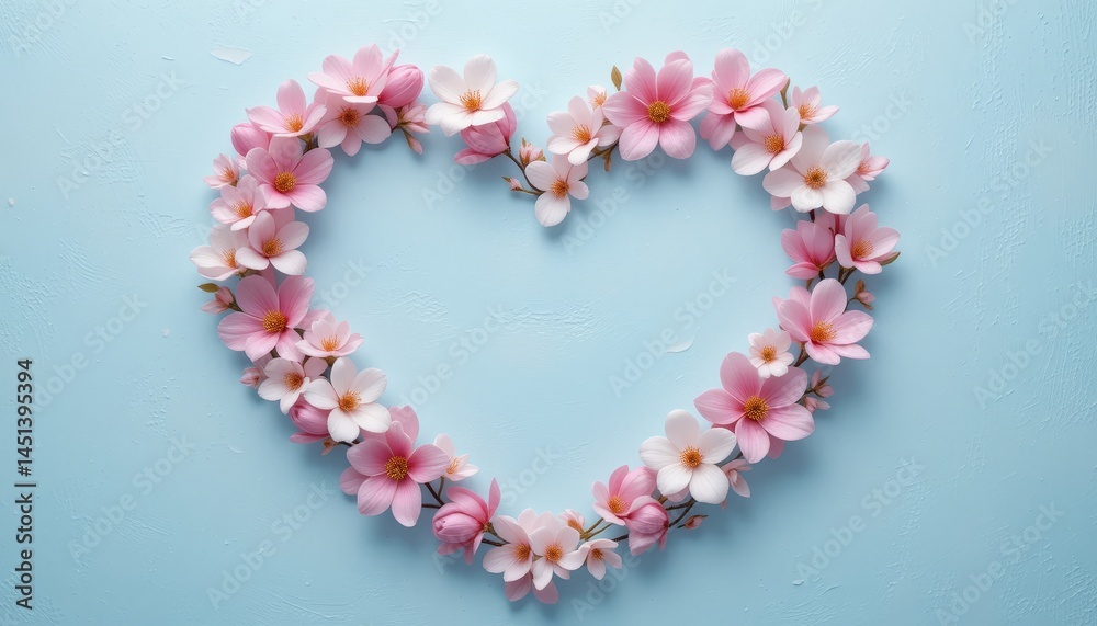 Creating Heart Shape Using Pink Flowers on Light Blue Background Creating Heart Shape Using Pink Flowers on Light Blue Background