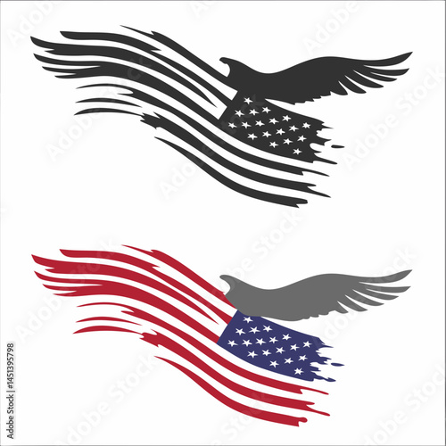 Powerful American eagle soaring amidst a tattered yet proud US flag design Bold graphic vector art