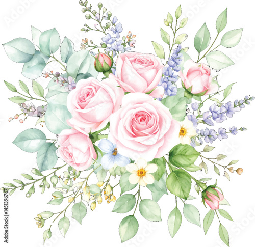 Soft and delicate pink roses with a mix of greenery and pastel flowers in bouquet. Romantic bouquet of pink roses. Fresh floral design with pink roses and a variety of soft pastel flowers and greenery