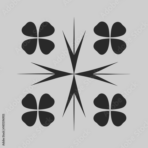 Abstract black clover and starburst design symmetrical pattern with four leaf clovers and sharp points minimalist gray