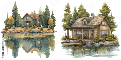 lake house watercolor vector illustration